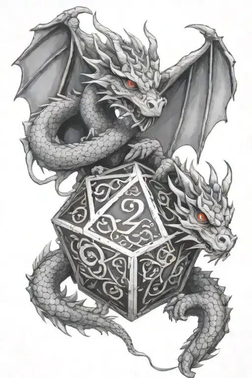 Twin dragons mirrored holding a d20 dice intertwined tattoo design idea