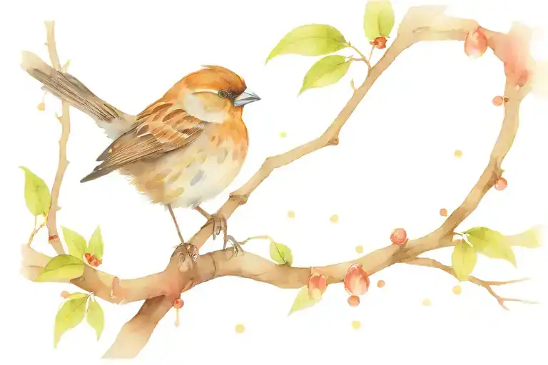 Sparrow perched on a tree branch, tree branch has rain drops falling from it, solemn feeling tattoo design idea