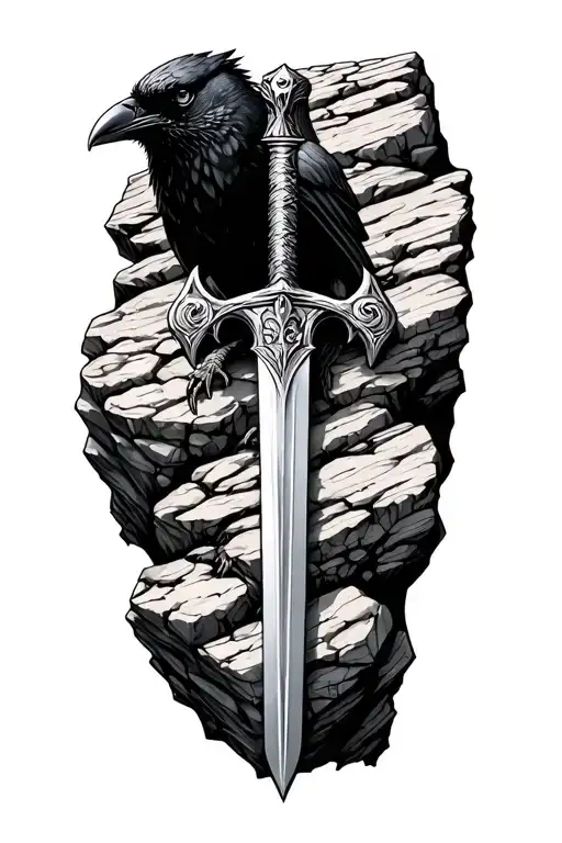 Excalibur sword stuck in a rock. A crow is staring at you on thé rock also tattoo design idea
