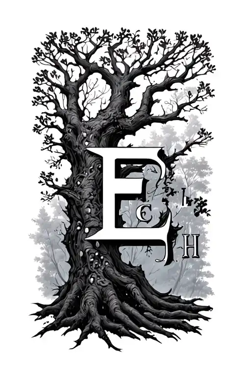 tree with branches that form hidden letters E E E J H tattoo design idea
