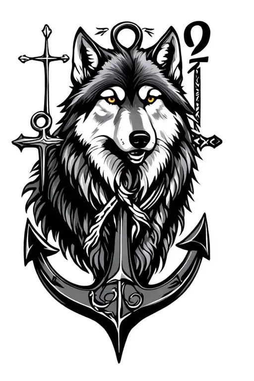 wolf with anchor and cross and semicolon tattoo design idea