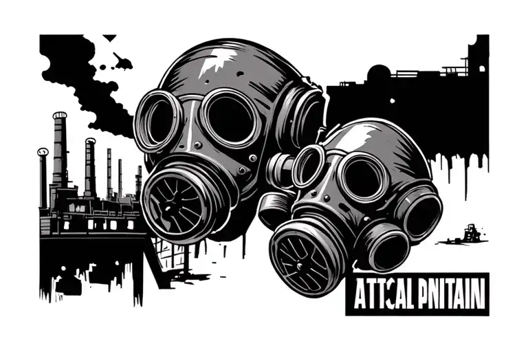 "attach a plantain" The gas masks are facing each other in the foreground, with a rotting shelf in the middle and factories in the backgroun tattoo design idea