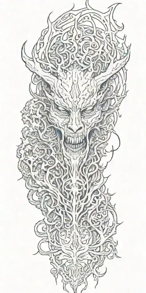 foggy forest with a demon hiding facial features tattoo design idea