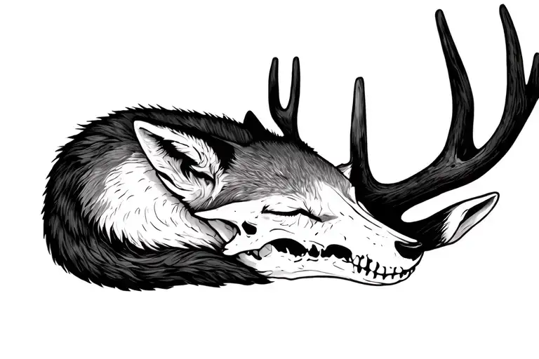 fox sleeping on deer skull tattoo design idea