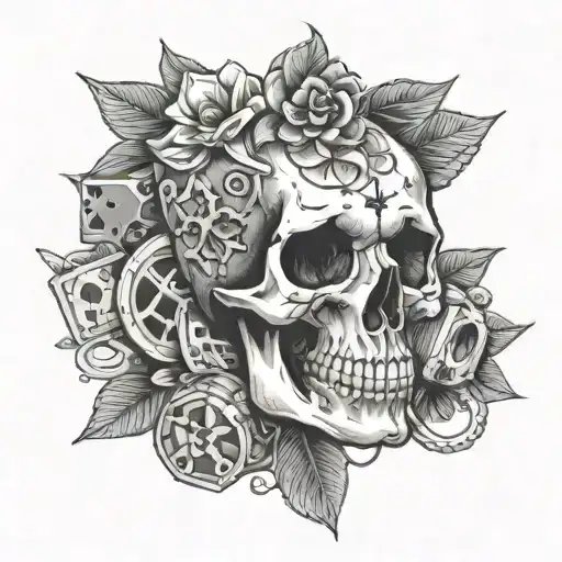 dice symbolizing the gamble, animal skull, flower surrounded tattoo design idea