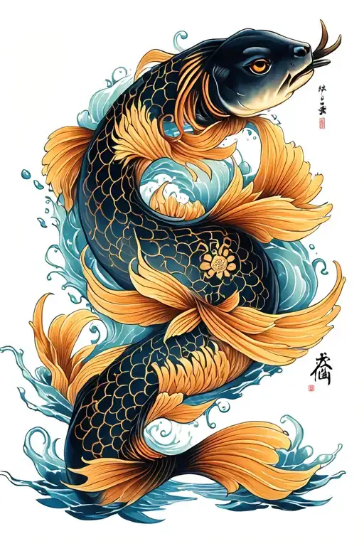irezumi astrological Pisces Taurus. Water background tattoo design idea