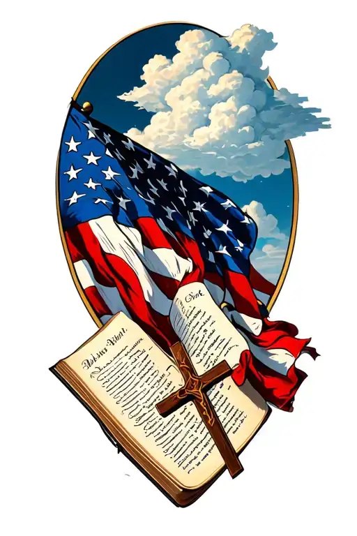 american flag with clouds around it on the arm and a bible verse written on a book page with a cross laying on the page tattoo design idea
