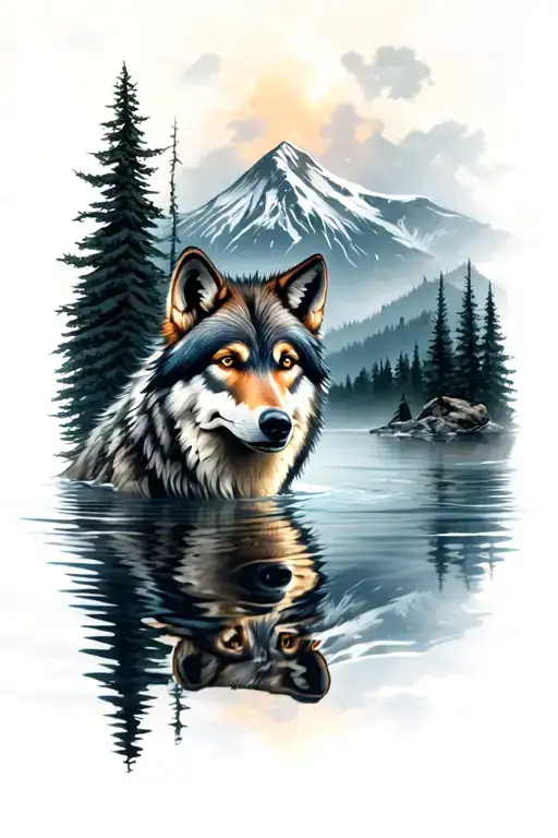 a little wolf reflected as an adult in water and with trees and a mountain in the background tattoo design idea
