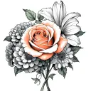 peach rose surrounded by 1 Daisy , 1 lily and 1 green hydrangea tattoo design idea