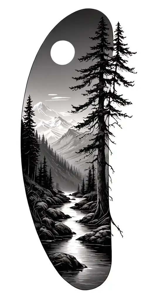 mountain stream with trees dead at the bottom and alive at the top tattoo design idea