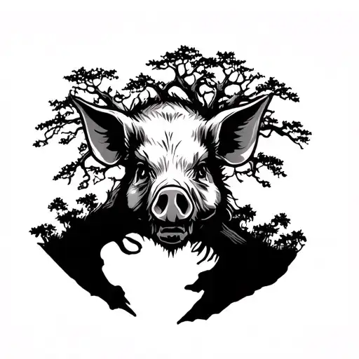 dead pig head surrounded by two tree silhouettes forming in the shape of a gun tattoo design idea