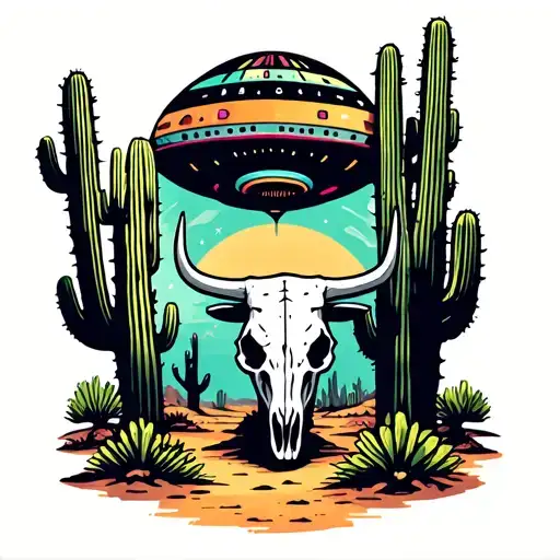 Simple desert landscape with cactus being abducted by ufo with a bull skull next to the cactus tattoo design idea