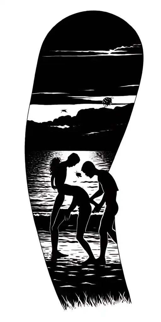 A silhouette of a father and son playing on the beach at sunset, with a ladybug flying overhead tattoo design idea