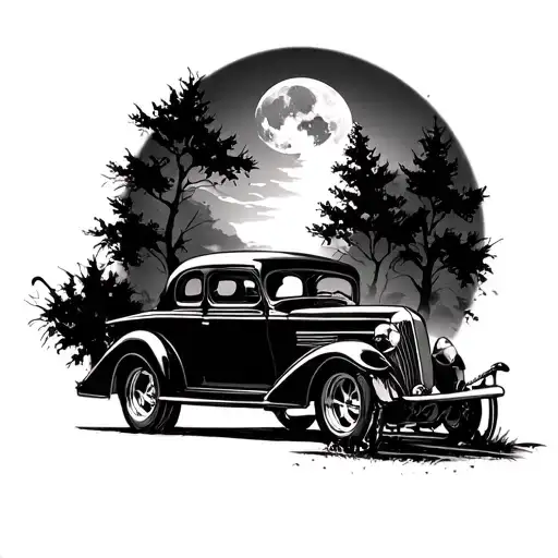 Halloween, circus, skeleton, autumn, trees, moon, classic Chevy coupe lead sled, black and grey tattoo design idea