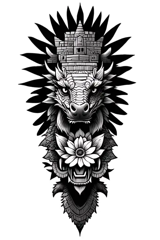 Mayan pyramid, Mexican flower, Aztec dragon tattoo design idea