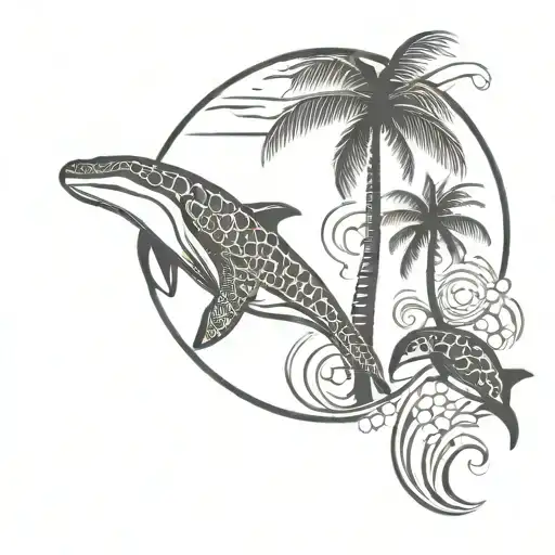 circular tattoo with bottom left a frangipani flower, palm tree, turtle, sunset and jumping dolphin tattoo design idea