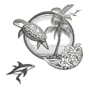 circular tattoo with bottom left a frangipani flower, palm tree, turtle, sunset and jumping dolphin tattoo design idea