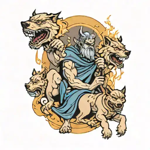 Hades the god of death holding cerberus the three headed dog with lightning and thunder clouds in the back  tattoo design idea