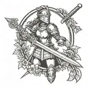Female knight holding sword in front. A laurel wreath surrounding the border tattoo design idea