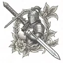 Female knight holding sword in front. A laurel wreath surrounding the border tattoo design idea