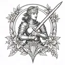 Female knight holding sword in front. A laurel wreath surrounding the border tattoo design idea