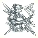 Female knight holding sword in front. A laurel wreath surrounding the border tattoo design idea