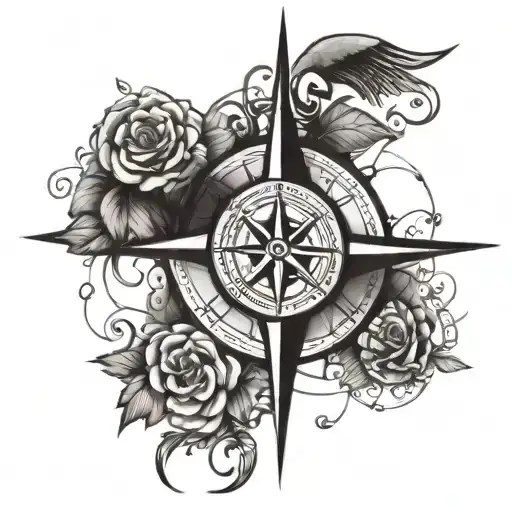 A tattoo design of a compass rose with symbols of Belleville and music notes, symbolizing the client's connection to their hometown and passion for music tattoo design idea