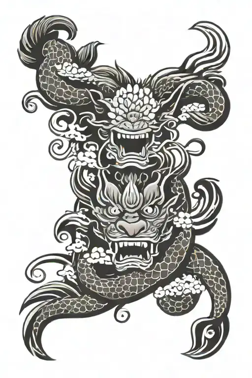 Japanese style arm sleeve with oni mask, waves, koi fish, lotus flower, geisha and dragon tattoo design idea