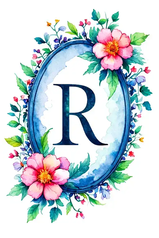 an oval of blooming flowers and vines with an r in the center tattoo design idea
