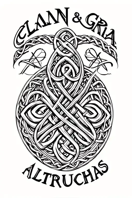 "CLANN GRA ALTRUCHAS" Celtic Trinity not with the words below all intertwined all black ink with detailed linework CLANN, GRA, ALTRUCHAS tattoo design idea