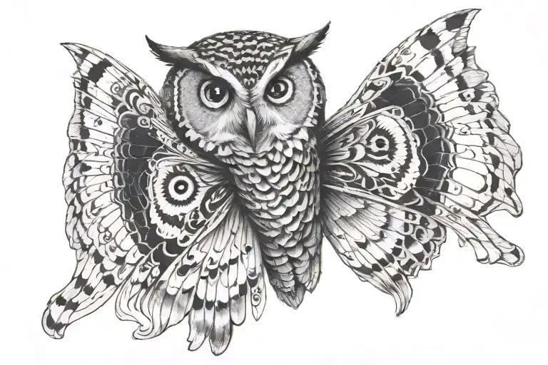 a butterfly with wings with the face of an owl flying tattoo design idea