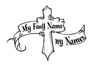 a less detailed cross with a scroll wrapped around it that says my family names  tattoo design idea