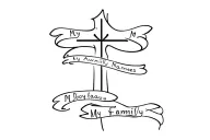 a less detailed cross with a scroll wrapped around it that says my family names  tattoo design idea