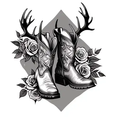 Design a western style thigh tattoo with deer antlers, roses and cowboy boots  tattoo design idea