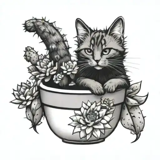 cat cactus in a pot with a flower, paws and tail tattoo design idea