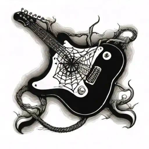 Fender Guitar caught in spider web saying " it's in the blood" tattoo design idea
