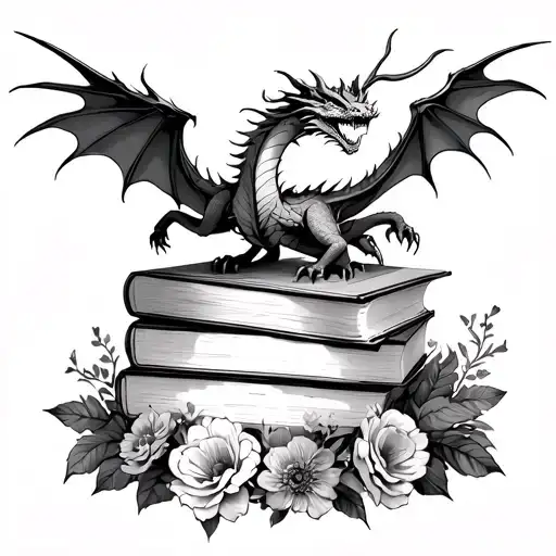 stack of books with top one open, dragon flying out from top, base surrounded by flowers tattoo design idea