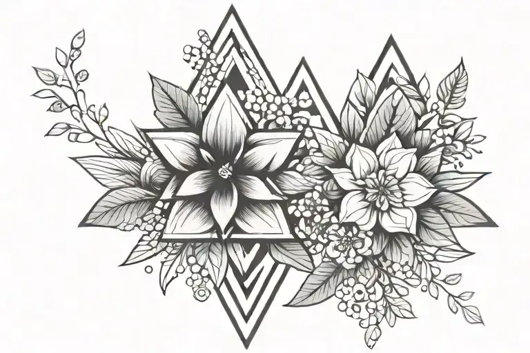 Two triangular geometric flower bouquet desigs facing opposite of each other with two vertical lines running down the ce tattoo design idea