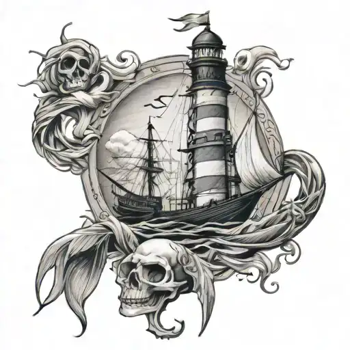 sea, boat, lighthouse, poseidon, anchor, knot, compass, skull, seagull tattoo design idea