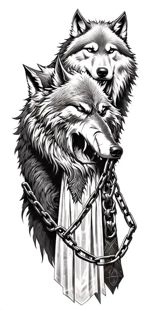 odin god of war holding the chain to fenrir wolf tattoo design idea