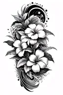Japanese half sleeve with waves, plumeria flowers, incorporated with tribal patterns tattoo design idea