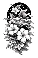 Japanese half sleeve with waves, plumeria flowers, incorporated with tribal patterns tattoo design idea