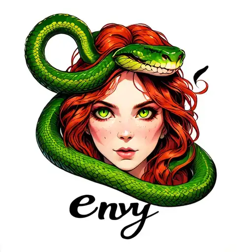 Green eyed woman with red hair wrapped by a green snake with the word "envy" tattoo design idea