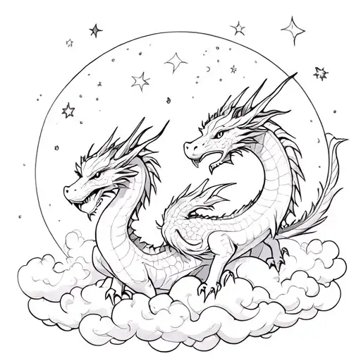 two dragons in the moonlight with clouds and stars tattoo design idea
