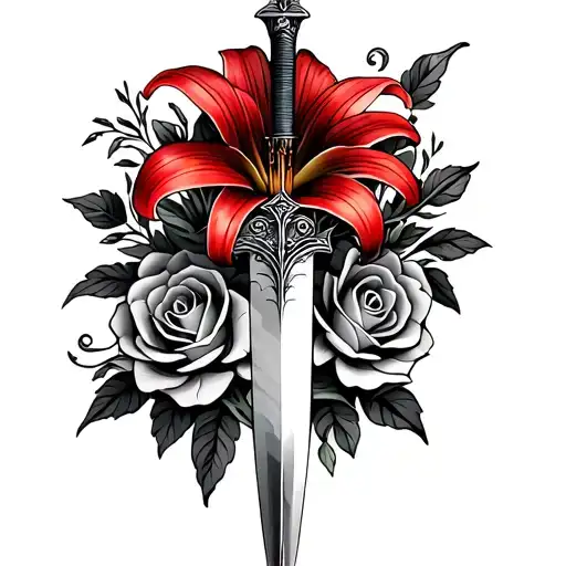 Fine drawing with central dagger, red-red lily on top and detailed roses around. Ornamental, Gothic and B style tattoo design idea