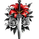 Fine drawing with central dagger, red-red lily on top and detailed roses around. Ornamental, Gothic and B style tattoo design idea