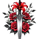 Fine drawing with central dagger, red-red lily on top and detailed roses around. Ornamental, Gothic and B style tattoo design idea