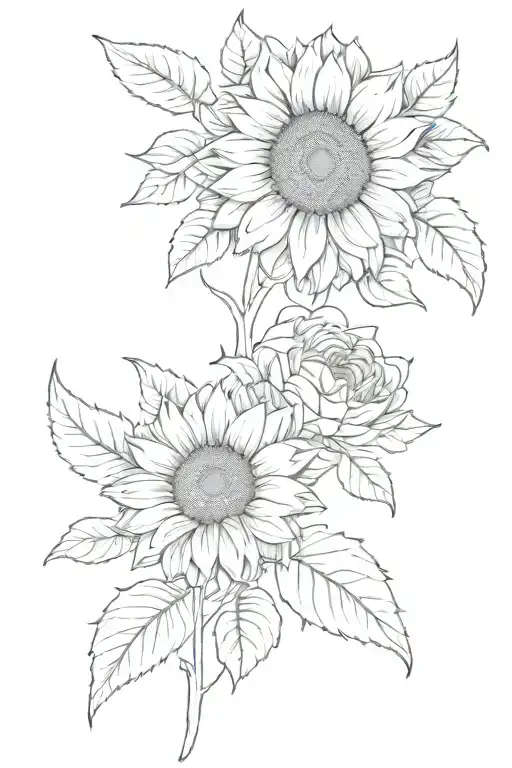 large sunflower surrounded by roses and chrysanthemums flower tattoo design idea