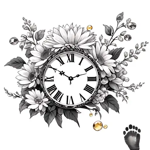 full sleeve roman numeral clock, chrysanthemum flowers, citrine stones, baby foot prints tattoo design idea
