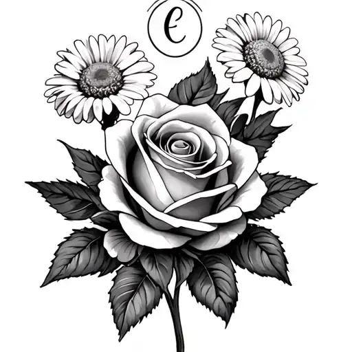 E J with rose and daisy and spiritual symbol materbity tattoo design idea